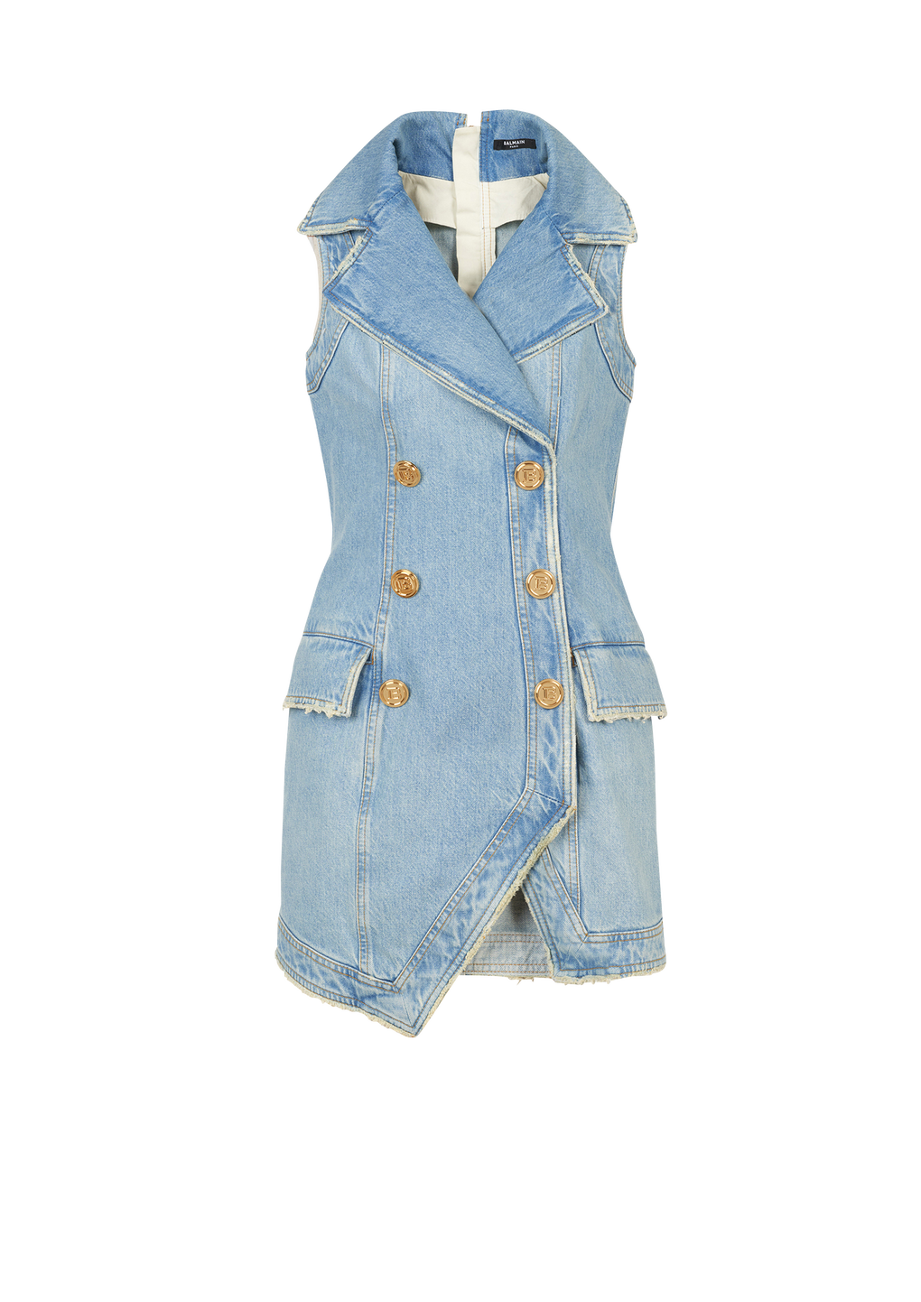 Short eco-designed denim dress with gold-tone double-buttoned fastening, blue, hi-res