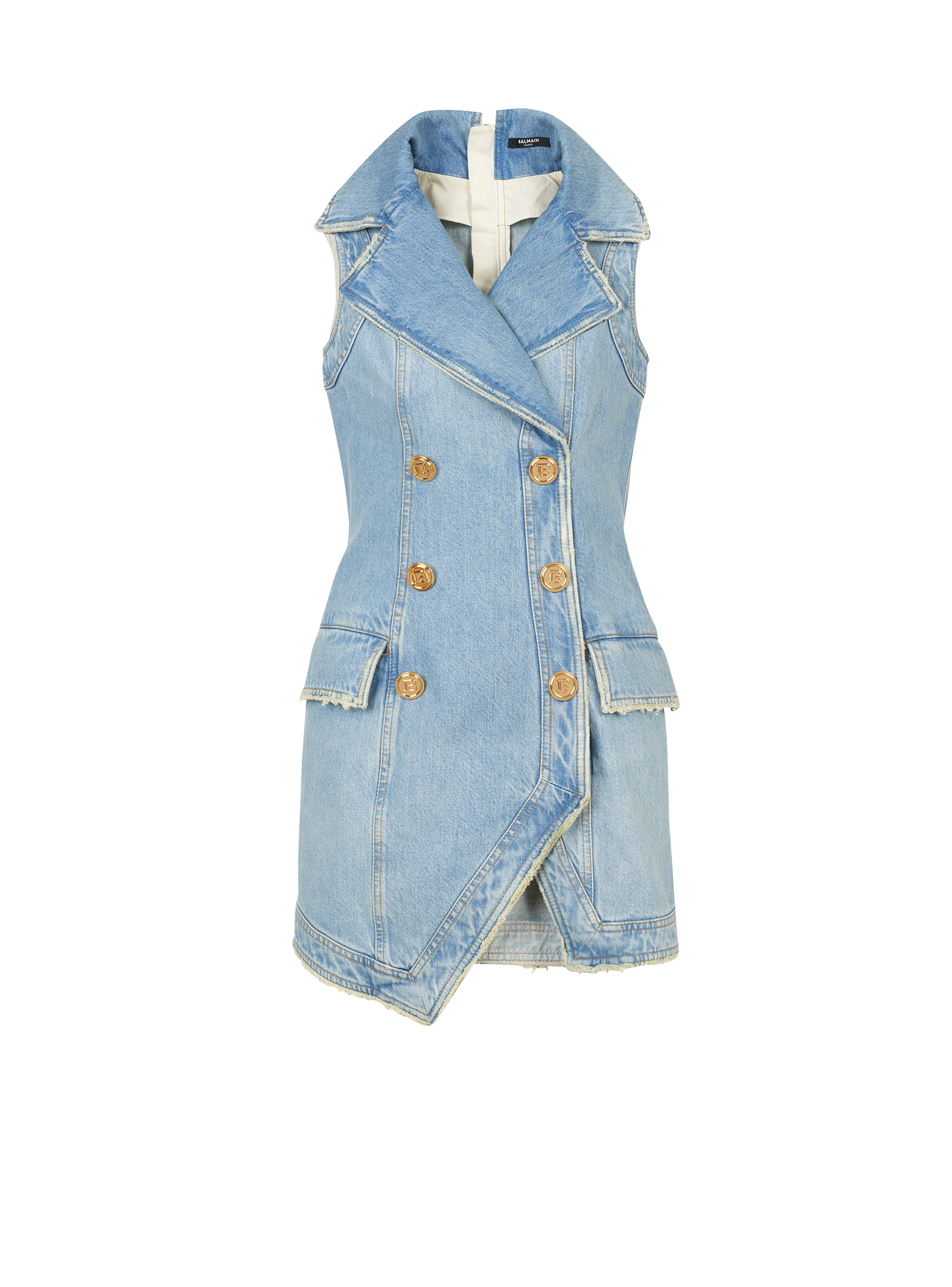 Short eco-designed denim dress with gold-tone double-buttoned fastening, blue
