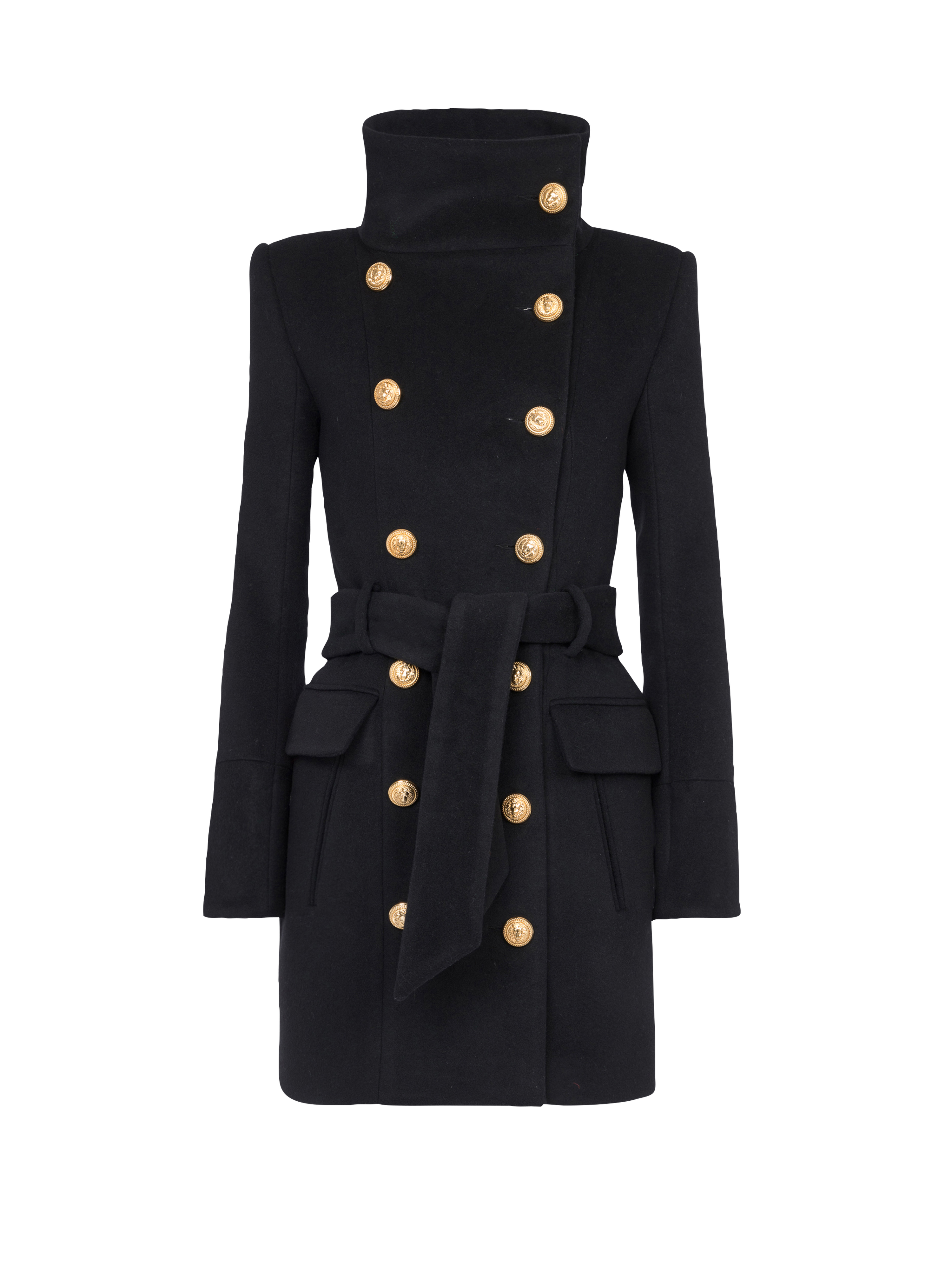 Long wool coat with double-breasted gold-tone buttoned fastening, black