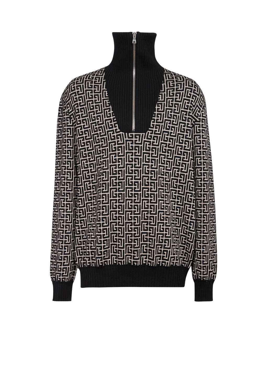 Balmain monogram wool turtleneck sweater, black, hi-res