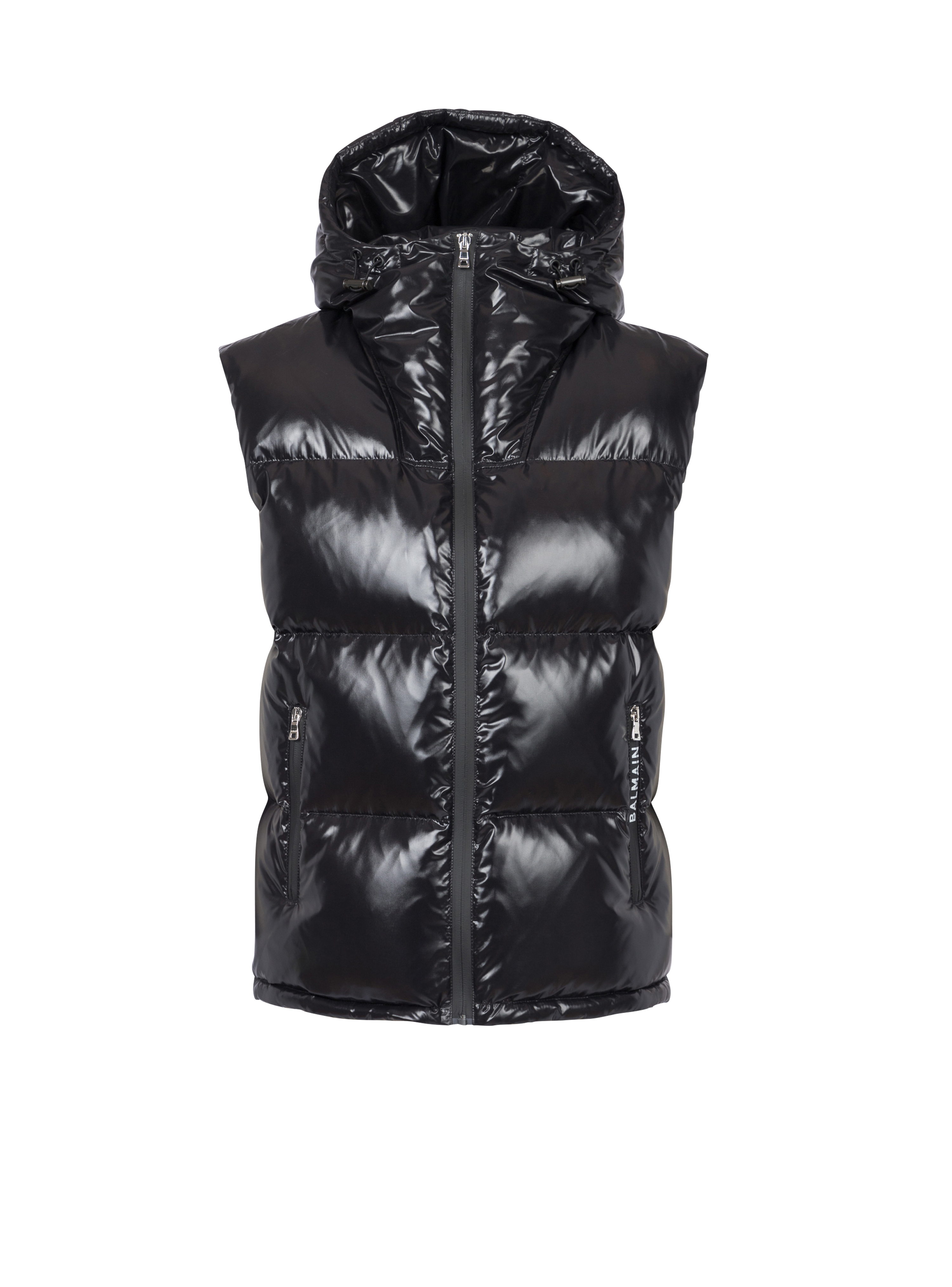 Hooded nylon quilted vest, black