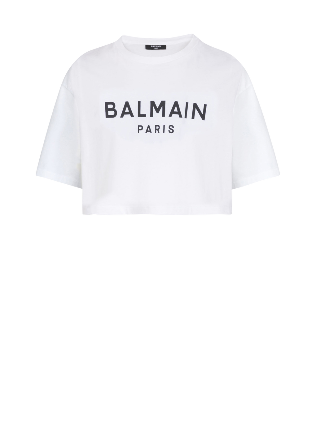 Cropped eco-designed cotton T-shirt with Balmain logo print, white, hi-res