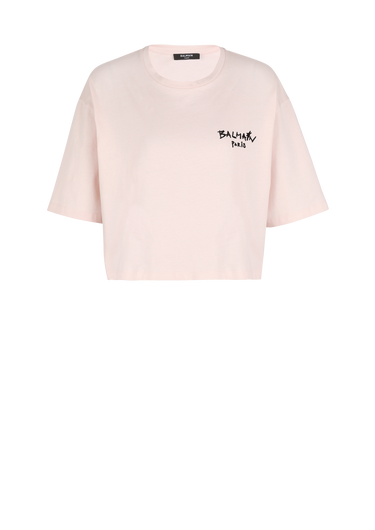 Cropped cotton T-shirt with small flocked graffiti Balmain logo