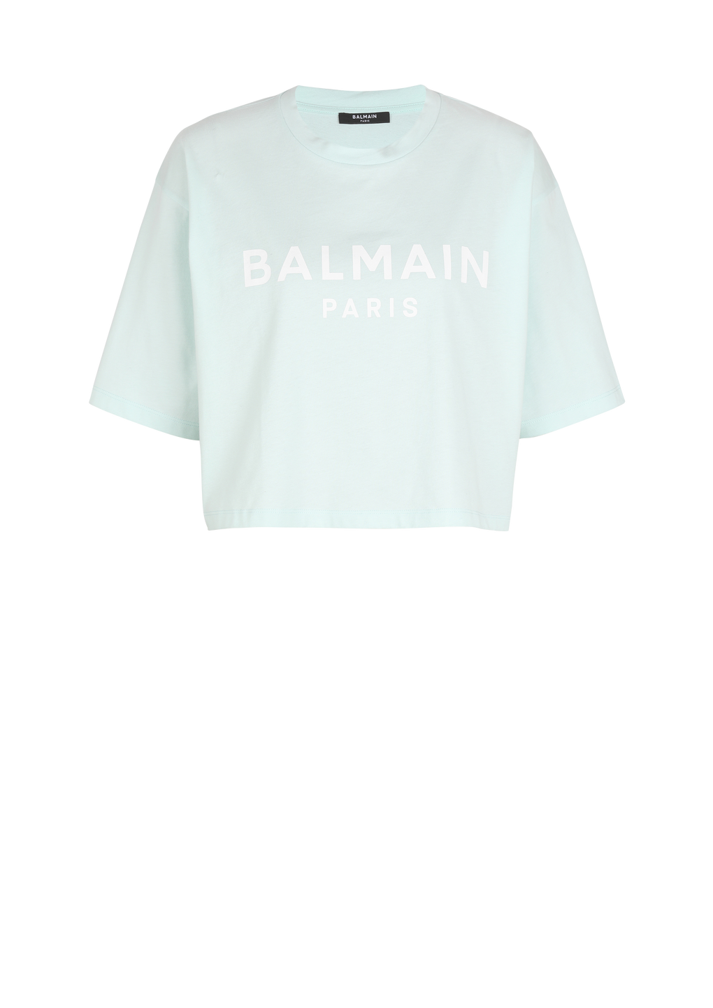 Cropped eco-designed cotton T-shirt with Balmain logo print, green, hi-res