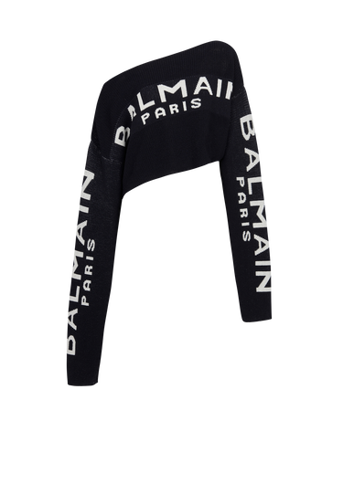 Cropped knit sweater with graffiti Balmain logo print