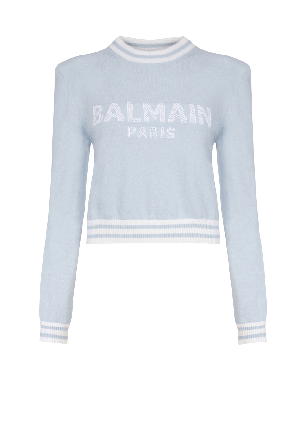 Cropped wool sweatshirt with Balmain logo, blue, hi-res