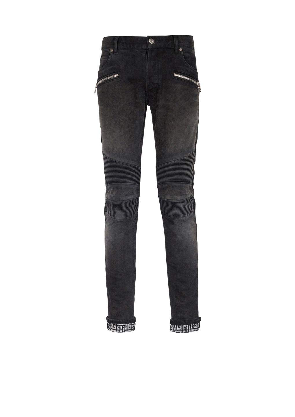 Slim cut faded and ridged cotton jeans with Balmain monogram on hem, black, hi-res