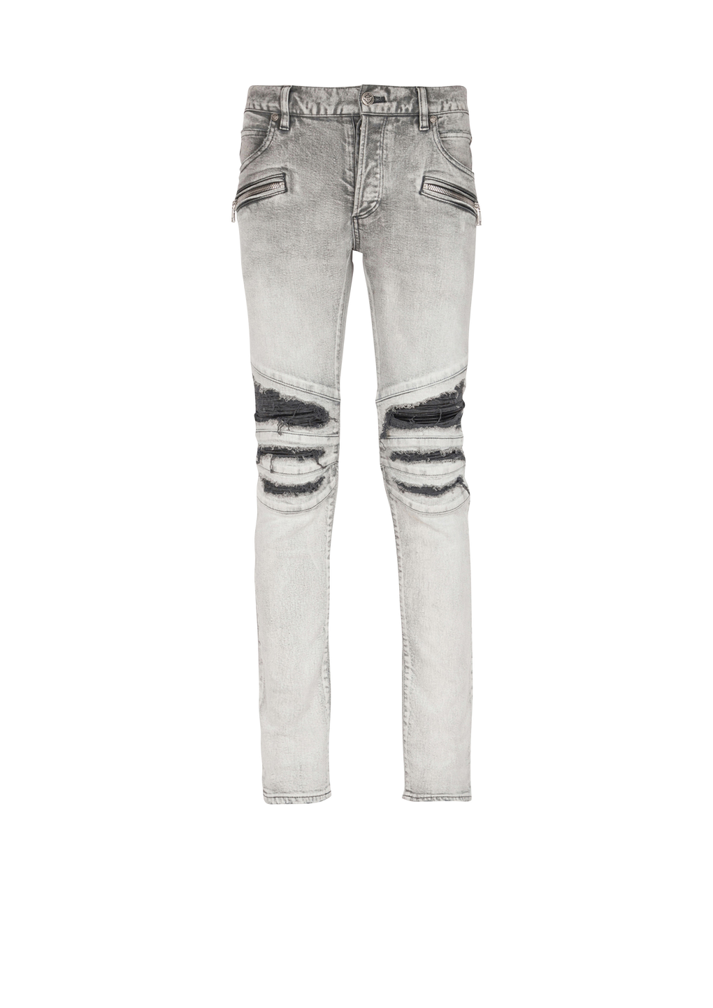 Slim cut ripped cotton jeans with synthetic leather panels, grey, hi-res